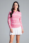 IBKUL Women's Barbara Print Long Sleeve Mock Neck Top - Watermelon/White