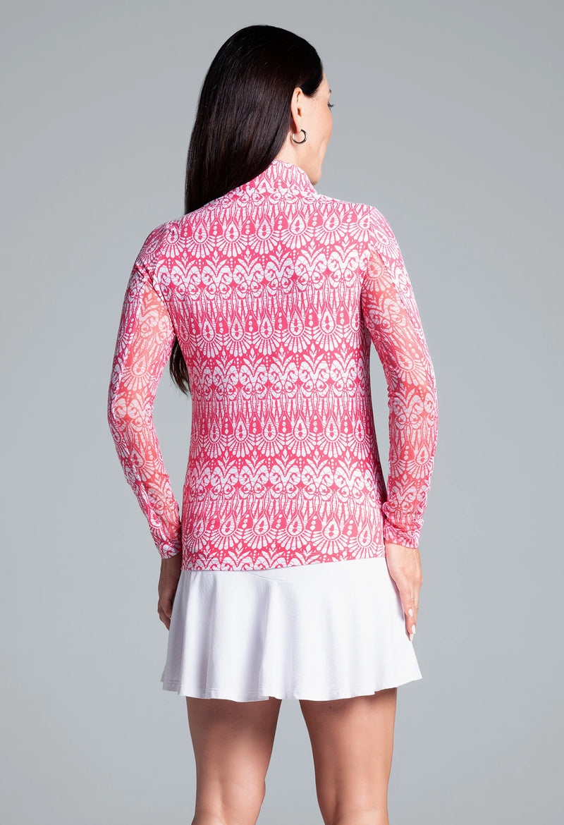 IBKUL Women's Barbara Print Long Sleeve Mock Neck Top - Watermelon/White