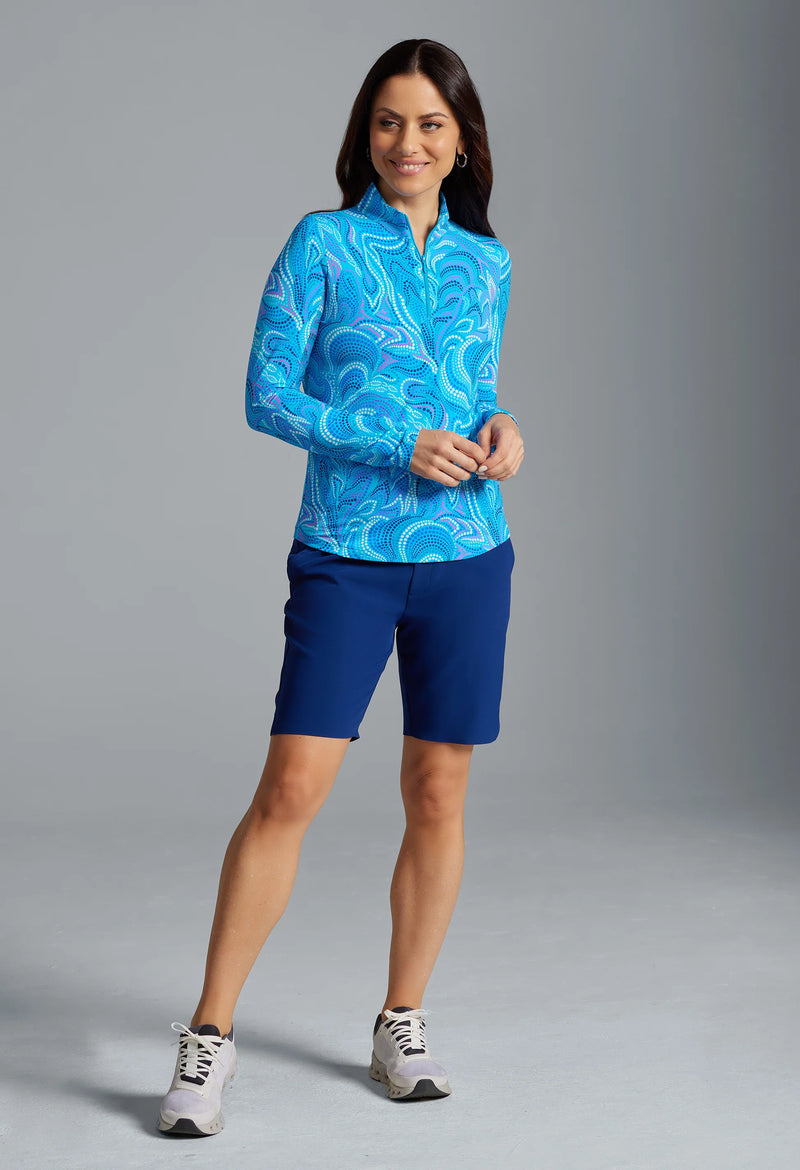IBKUL Women's Rebecca Print Long Sleeve Mock Neck Top - Turquoise Multi
