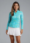 IBKUL Women's Collette Print Long Sleeve Mock Neck Top - Turquoise/Lime