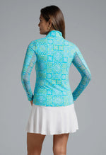 IBKUL Women's Collette Print Long Sleeve Mock Neck Top - Turquoise/Lime
