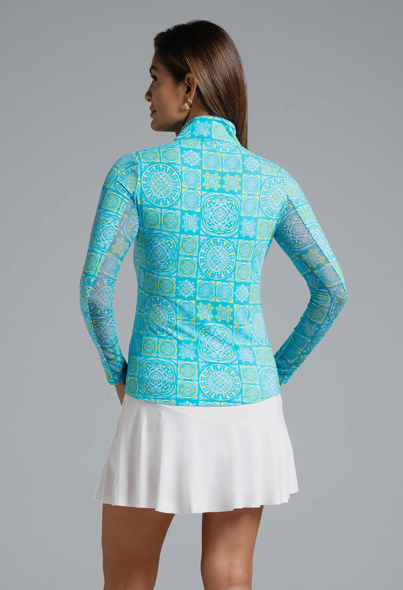 IBKUL Women's Collette Print Long Sleeve Mock Neck Top - Turquoise/Lime