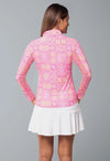 IBKUL Women's Collette Print Long Sleeve Mock Neck Top - Hot Pink/Yellow