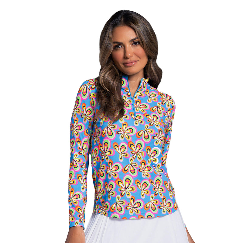 IBKUL Women's Arya Long Sleeve Mock Neck Top - Turquoise Multi