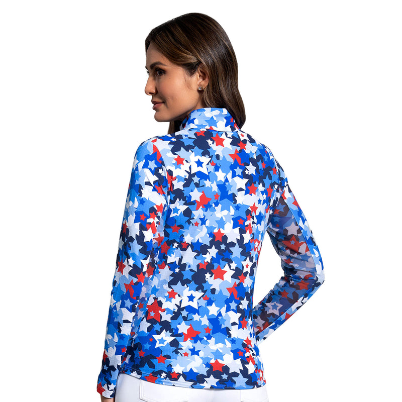 IBKUL Women's Limited Edition Star Spangle Long Sleeve Mock Neck Top - Navy Multi