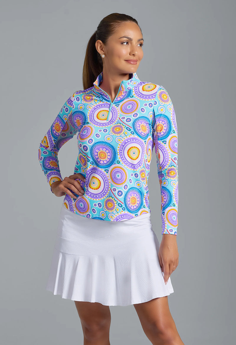 IBKUL Women's Leona Print Long Sleeve Mock Neck Top - Seafoam Multi