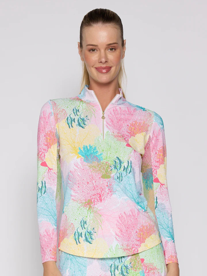 G Lifestyle Long Sleeve Print Zip Mock Neck Top - Multi Coral - FINAL SALE