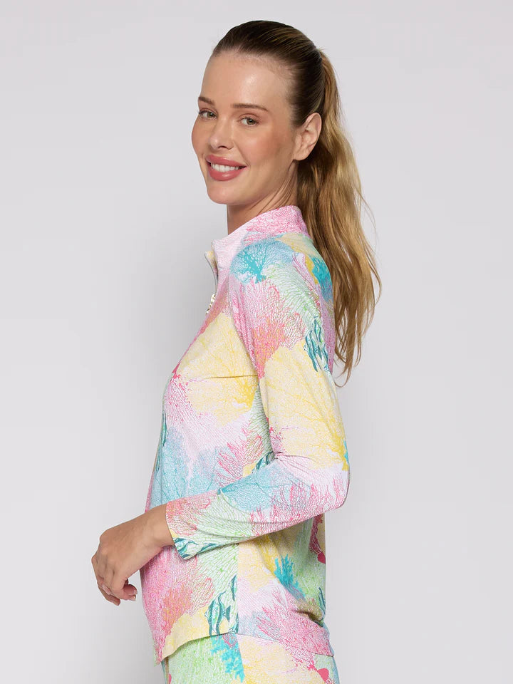 G Lifestyle Long Sleeve Print Zip Mock Neck Top - Multi Coral - FINAL SALE