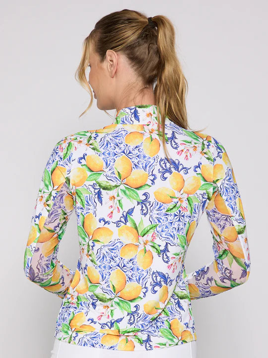 G Lifestyle Long Sleeve Print Zip Mock Neck Top - Blue Lemon