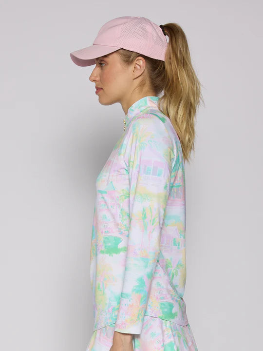 G Lifestyle Long Sleeve Print Zip Mock Neck Top - Pastel Village