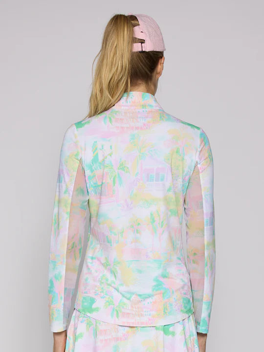 G Lifestyle Long Sleeve Print Zip Mock Neck Top - Pastel Village