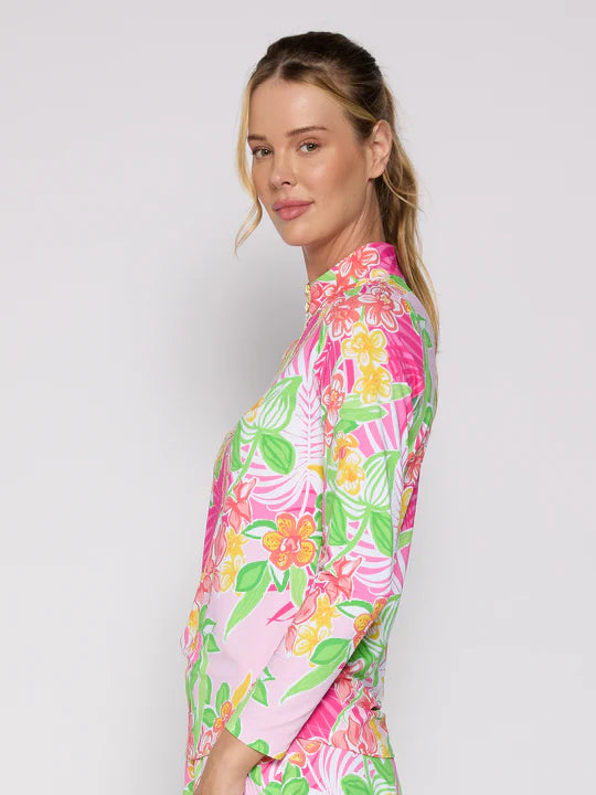 G Lifestyle Long Sleeve Print Zip Mock Neck Top - Island Pink