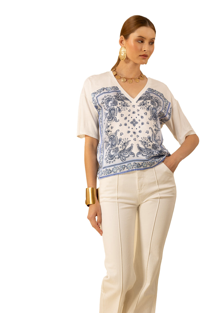 Hale Bob Margo Short Sleeve V-Neck Top - Blue - FINAL SALE