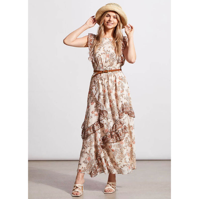 Tribal Lined Maxi Dress With Multi Frill Dtl - Cashew - FINAL SALE