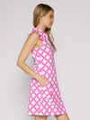 G Lifestyle Short Sleeve Polo Dress With Gold Buttons - Circle Geo Hot Pink