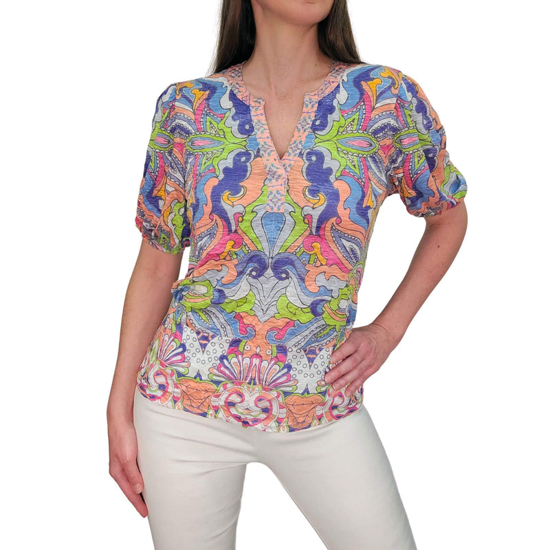 David Cline Euboea Puff Sleeve Henley Top - Deco