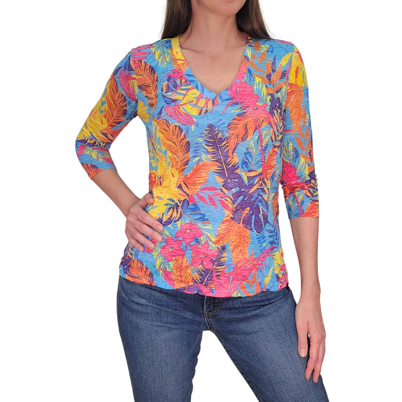 David Cline Basia 3/4 Sleeve V-Neck Split Hem Top - Palm