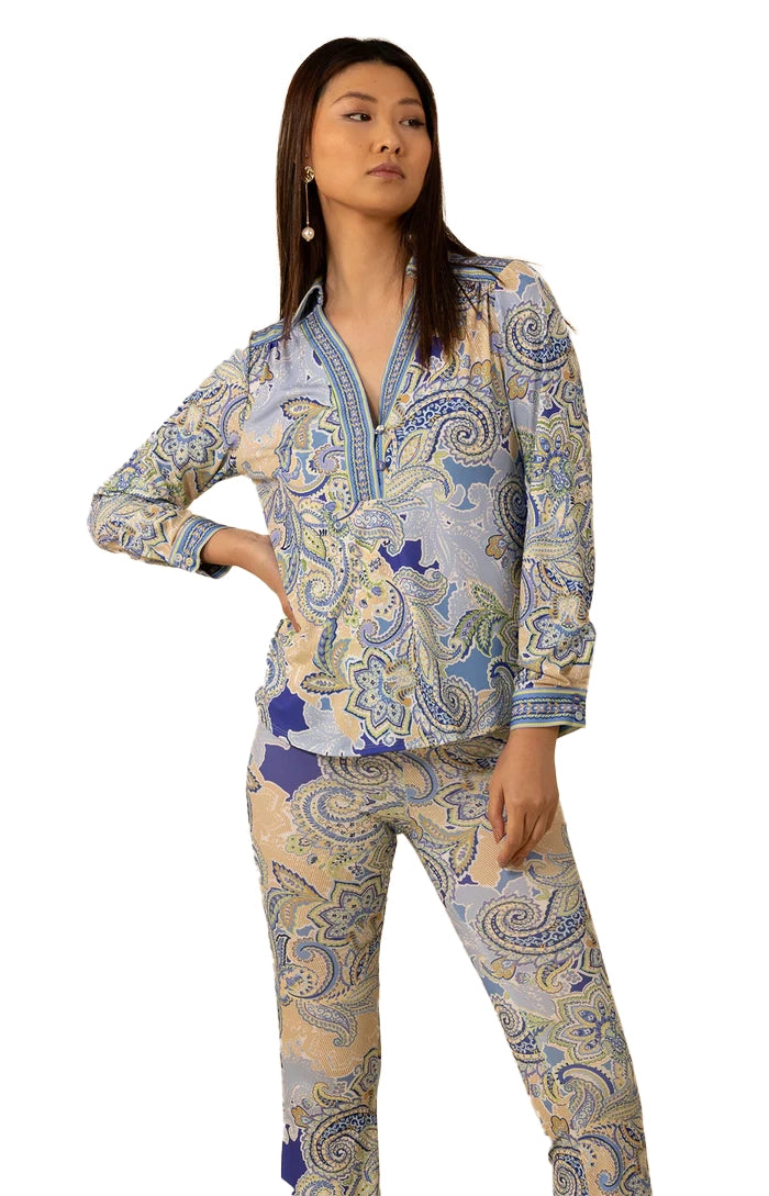 Hale Bob Anya V-Neck Long Sleeve Top - Blue - FINAL SALE