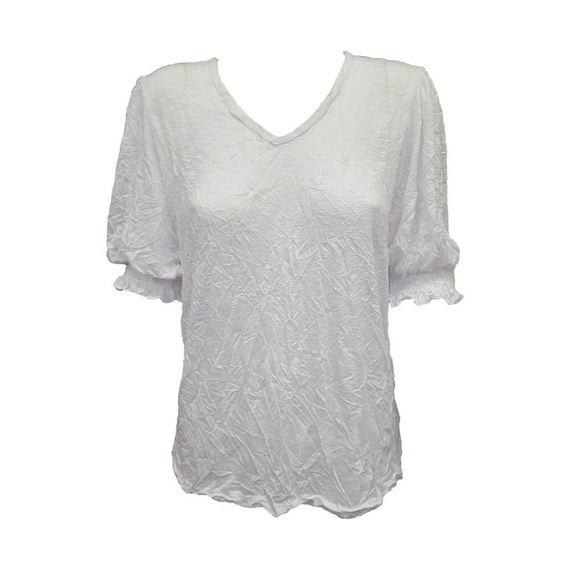 David Cline Sofia Shirred Puff Sleeve V-Neck Top - White - FINAL SALE