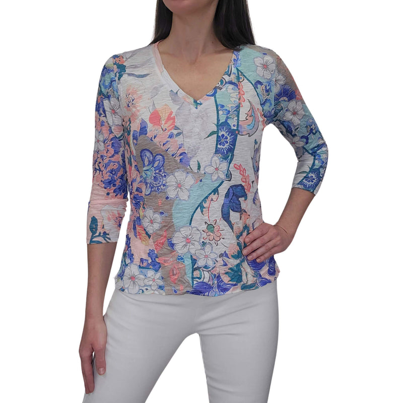 David Cline 3/4 Sleeve V-Neck Split Hem Top - Pool