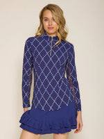 G Lifestyle Long Sleeve Print Zip Mock Neck Top - Navy Diamond Geo