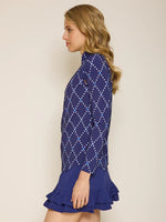 G Lifestyle Long Sleeve Print Zip Mock Neck Top - Navy Diamond Geo