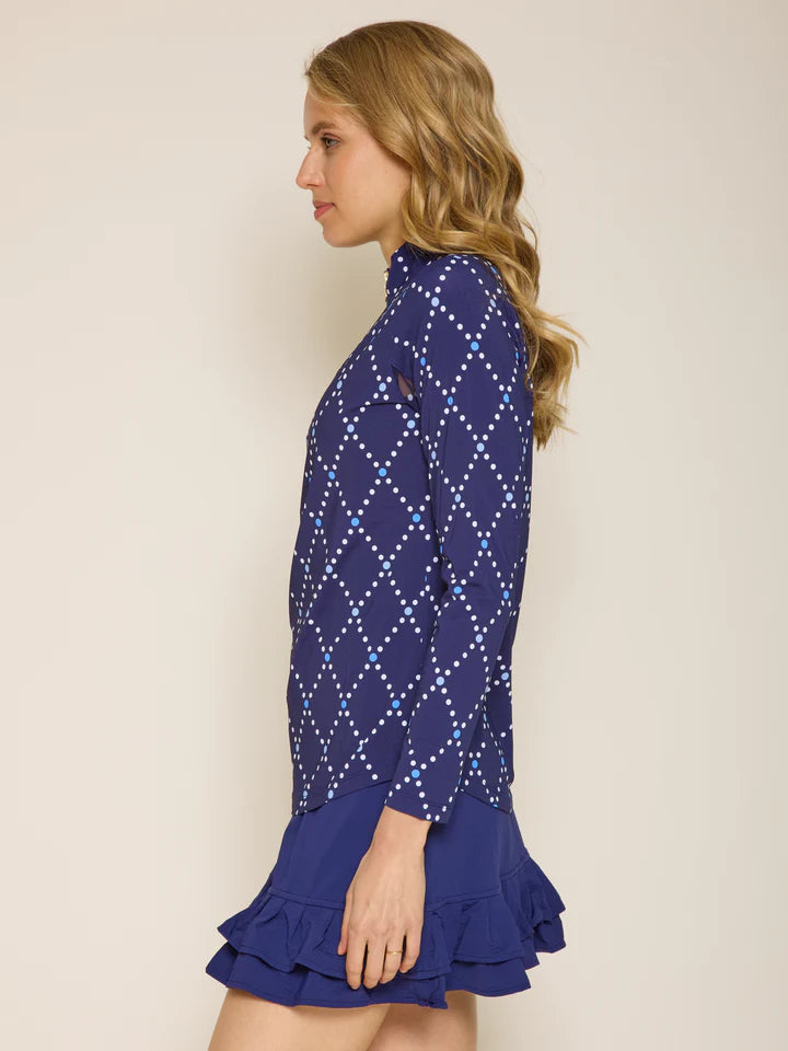 G Lifestyle Long Sleeve Print Zip Mock Neck Top - Navy Diamond Geo