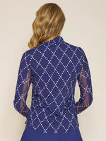 G Lifestyle Long Sleeve Print Zip Mock Neck Top - Navy Diamond Geo