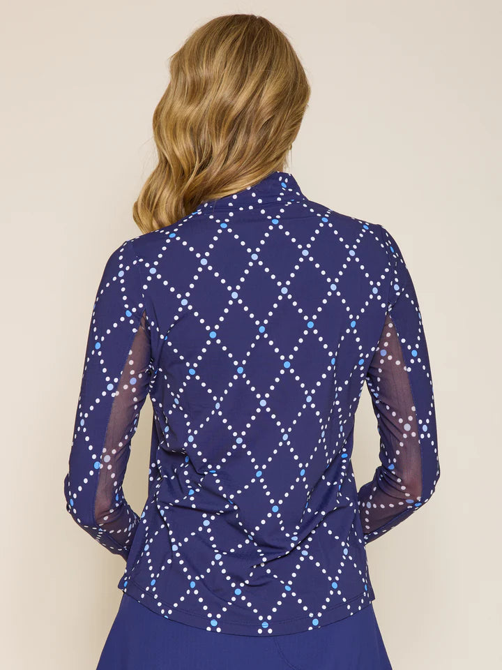 G Lifestyle Long Sleeve Print Zip Mock Neck Top - Navy Diamond Geo