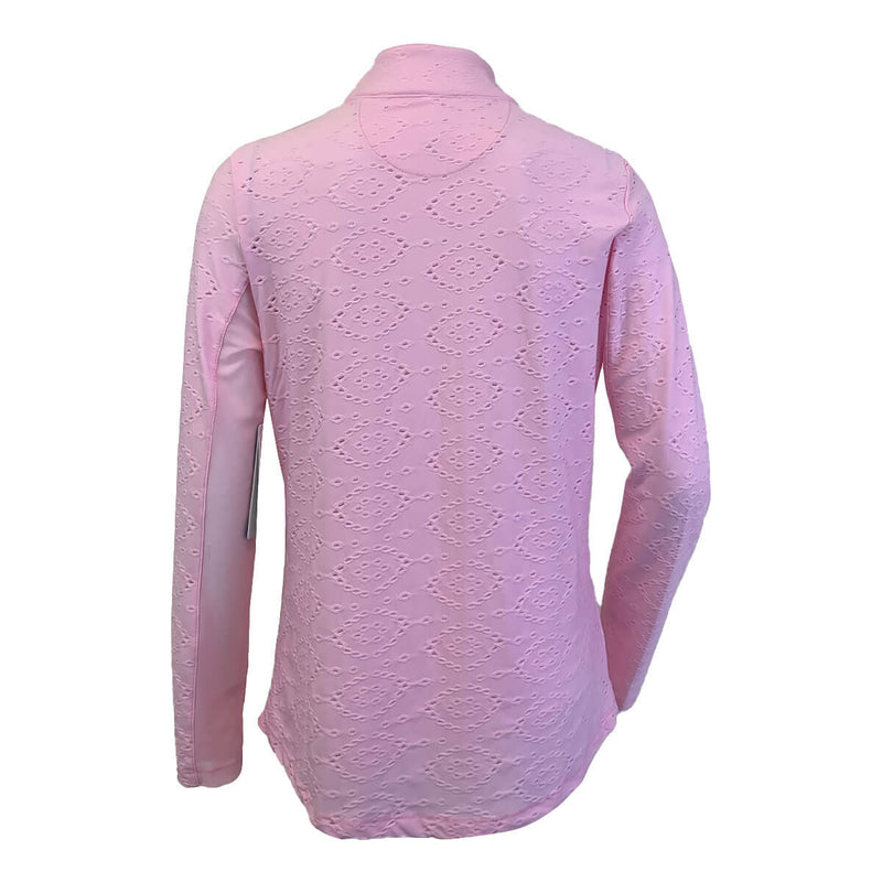 G Lifestyle Long Sleeve Solid Zip Mock Neck Top - Pink Eyelet