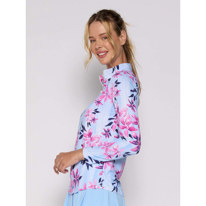 G Lifestyle Long Sleeve Print Zip Mock Neck Top - Bamboo