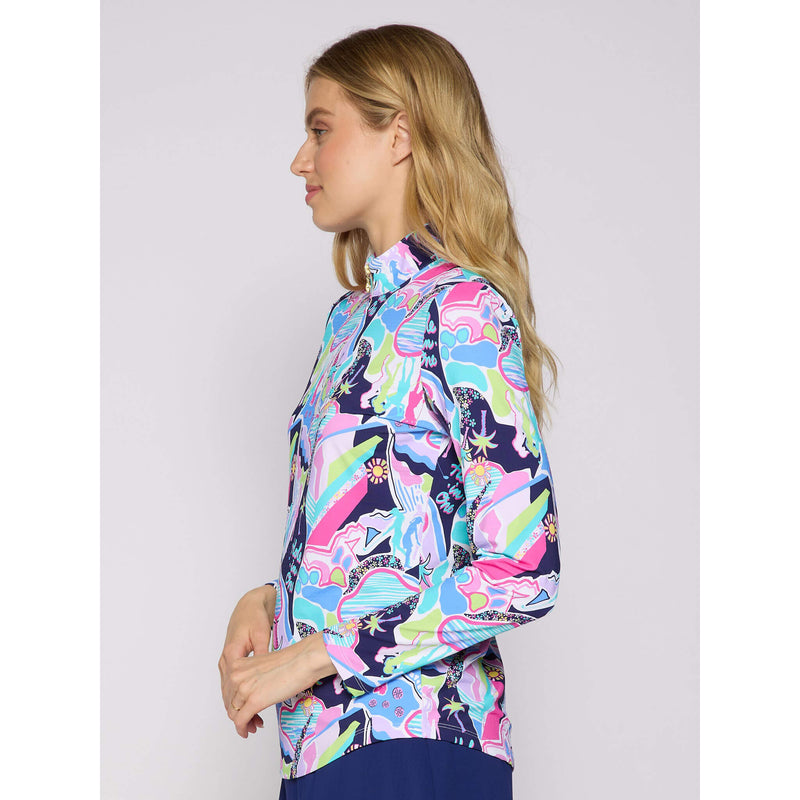 G Lifestyle Long Sleeve Print Zip Mock Neck Top - Navy Golfer