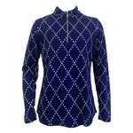 G Lifestyle Long Sleeve Print Zip Mock Neck Top - Navy Diamond Geo