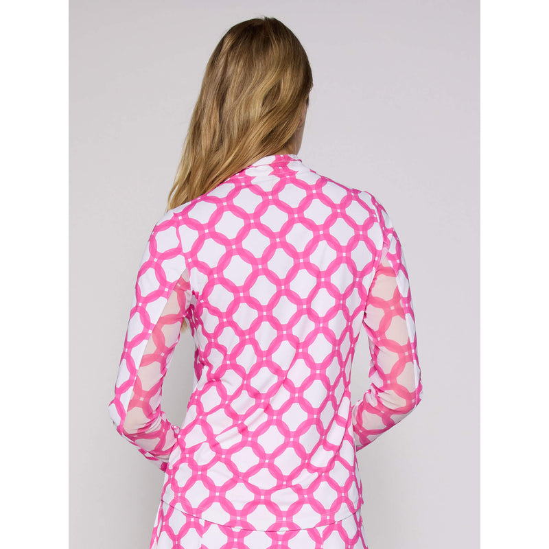 G Lifestyle Long Sleeve Print Zip Mock Neck Top - Circle Geo Hot Pink