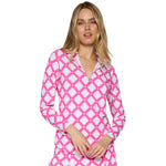 G Lifestyle Long Sleeve Print Zip Mock Neck Top - Circle Geo Hot Pink