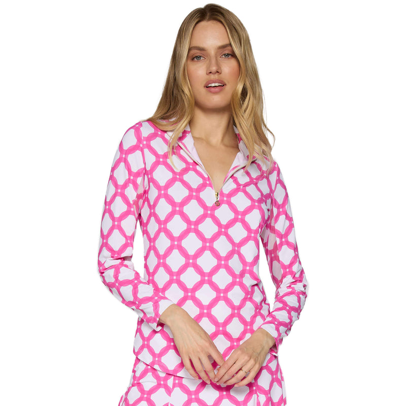 G Lifestyle Long Sleeve Print Zip Mock Neck Top - Circle Geo Hot Pink
