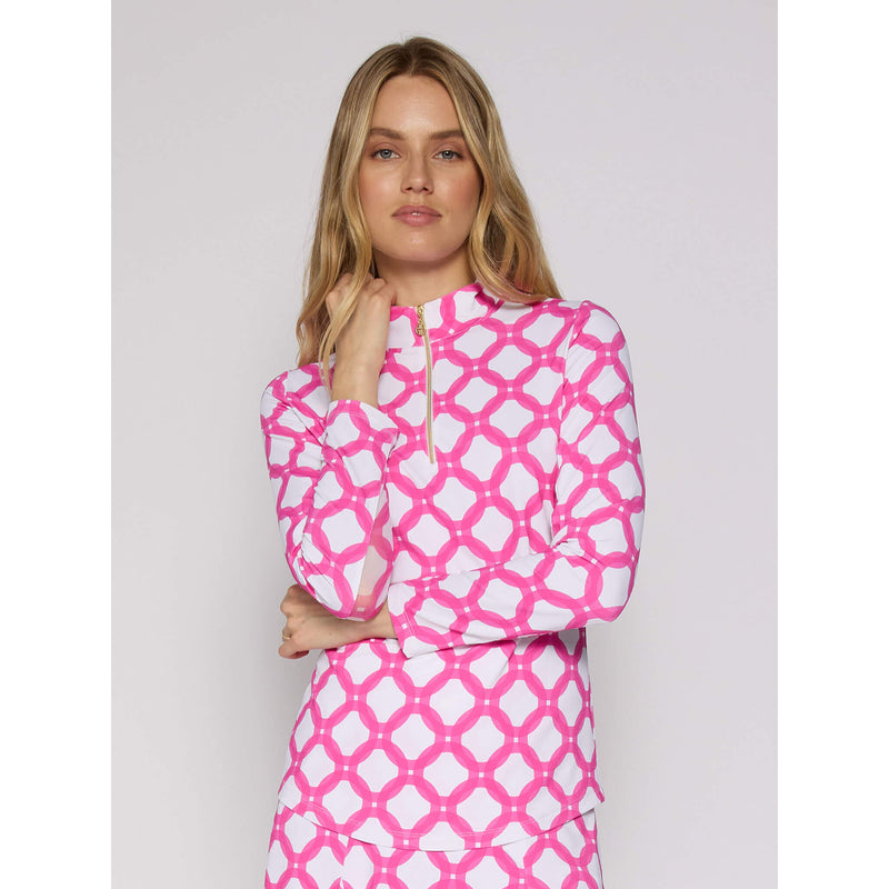G Lifestyle Long Sleeve Print Zip Mock Neck Top - Circle Geo Hot Pink