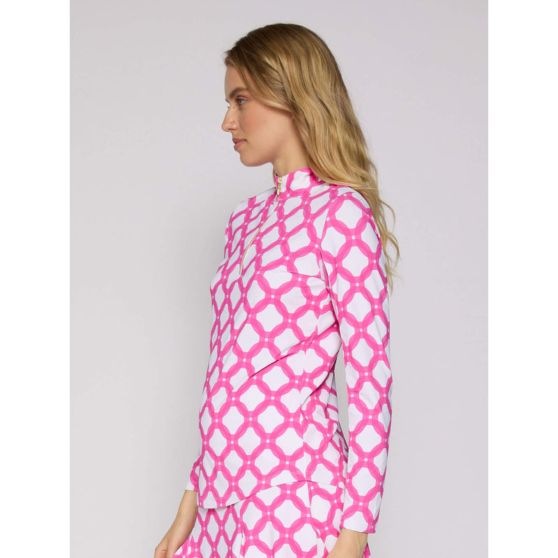 G Lifestyle Long Sleeve Print Zip Mock Neck Top - Circle Geo Hot Pink