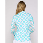 G Lifestyle Long Sleeve Print Zip Mock Neck Top - Circle Geo Carib Turq