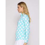 G Lifestyle Long Sleeve Print Zip Mock Neck Top - Circle Geo Carib Turq