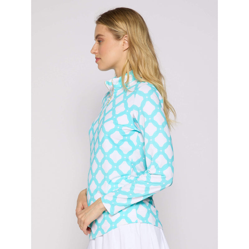 G Lifestyle Long Sleeve Print Zip Mock Neck Top - Circle Geo Carib Turq