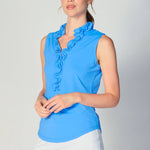 G Lifestyle Solid Polo Zip Sleeveless Collar Double Ruffle Top - Bright Peri
