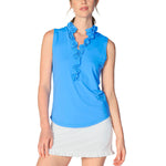 G Lifestyle Solid Polo Zip Sleeveless Collar Double Ruffle Top - Bright Peri