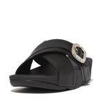 FitFlop Lulu Crystal Buckle Leather Cross Slides Sandals - Black