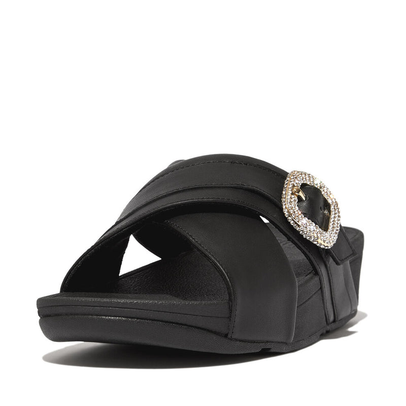 FitFlop Lulu Crystal Buckle Leather Cross Slides Sandals - Black