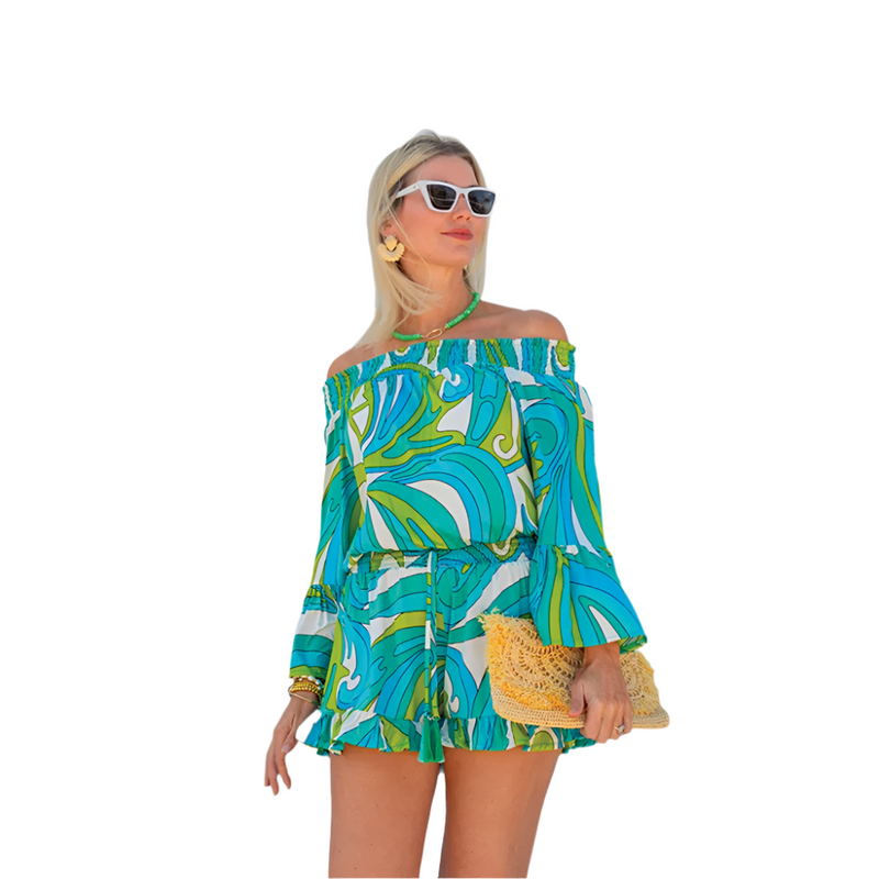 La Mer Luxe 3/4 Sleeve Jayda Romper - Aquamarine Lisbon