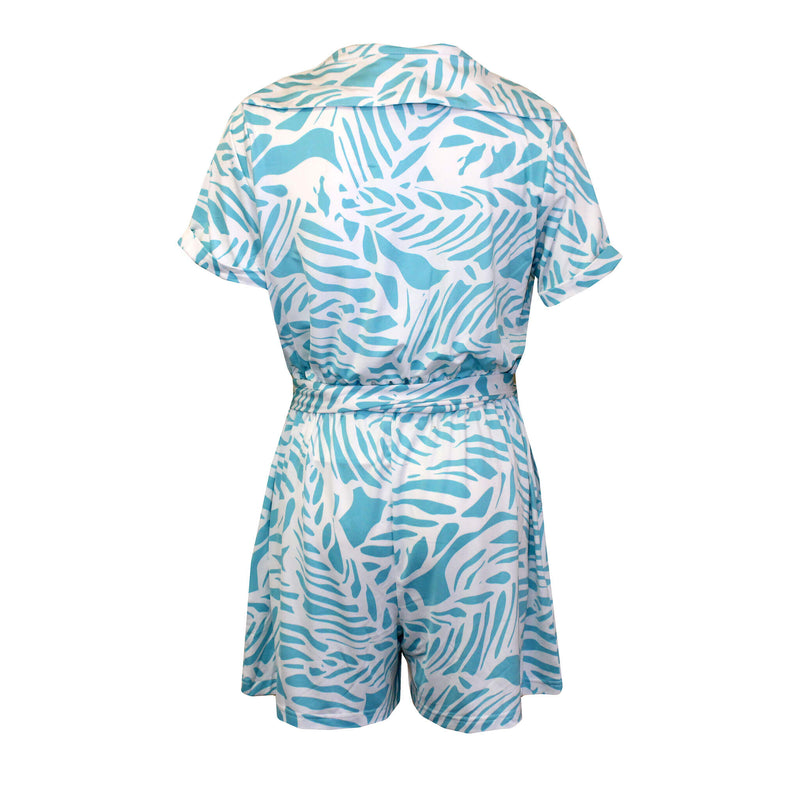 La Mer Luxe Short Sleeve Renee Romper - Caribbean Blue Tropical Leaf - FINAL SALE
