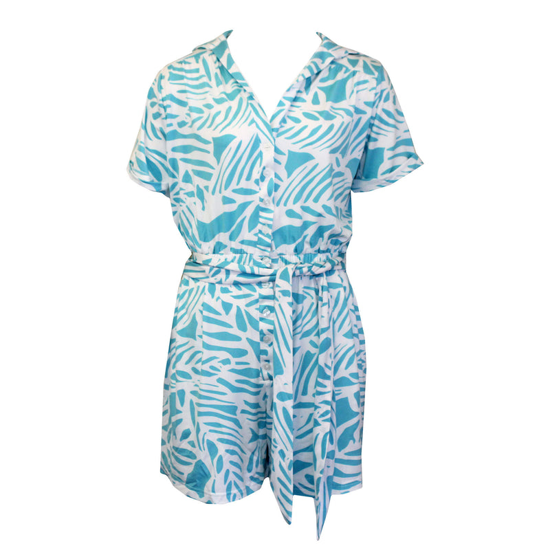 La Mer Luxe Short Sleeve Renee Romper - Caribbean Blue Tropical Leaf - FINAL SALE