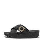 FitFlop Lulu Crystal Buckle Leather Cross Slides Sandals - Black
