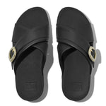 FitFlop Lulu Crystal Buckle Leather Cross Slides Sandals - Black